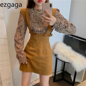 Ezgaga Zweiteiler Set Damen Vintage Chic Mode Tops Blumenhemden Spaghetti Streifen Kleid Rüschen Elegante Bluse Koreanische Mode 210430