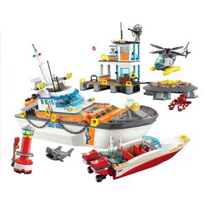 855 stücke Stadt Küstenwache Kopf Viertel Schiff Hubschrauber Boot 02081 Abbildung Bausteine Kinder Spielzeug Weihnachten Geburtstag Geschenke X0503