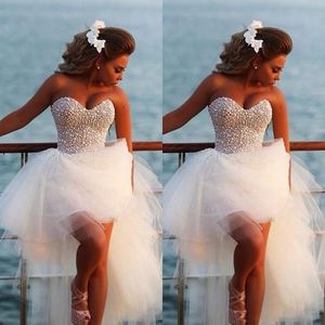 Encantador Beach Vestidos de Noiva 2022 Sweetheart Pérolas Completas Top Diamantes Altos Baixo Tule Bidal Vestidos Bohemian Plus Size Wedding Dress