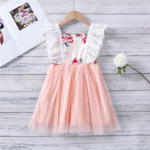 Summer Bowknot Flower Print Net Yarn Stitching Dress Mesh Princess Abbigliamento per bambini Ragazze 210528