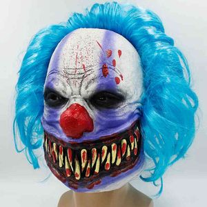 Halloween-Maske, Horror-Clown, gruselig, blaue Haare, Latex, Maskerade, Requisiten, Film, periphere Kostüme und Accessoires für Erwachsene