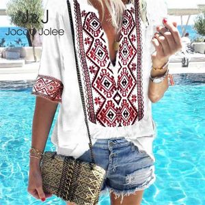 Joloo jolee vintgae indie estilo folk verão camisa mulheres boho meia manga v pescoço solto blusa casual praia viagens tops outwear 210719