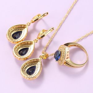 Sets Water Drop Costume Blue Cubic Zirconia Gold Plated Jewelry Sets African Necklace And Earrings Ring 3Piece Sets Women Gift 210323