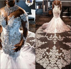 Plus Storlek Bröllopsklänningar Rhinestones Kristaller Lace Beaded Vestido de Noiva Långärmad Afrikansk sjöjungfru Brudklänning Casual Klänningar