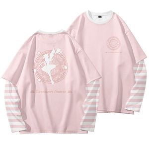 かわいいロリータピンクの偽の2枚の縞模様の長袖TシャツカードキャプターさくらパッチワークTシャツ大屋アニメルルドティーズトップス210809