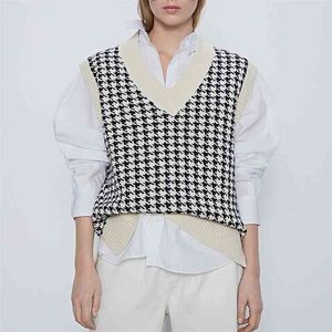 Mulheres moda enorme tricotada colete camisola v neck sem mangas houndstooth solto feminino waistcoat chique tops 210917