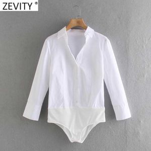 Zevity Women Fashion Turn Down Collar White Poplin Bodysuits Ladies Office Wear Breasted Slim Siamese Chic Rompers LS9095 210603