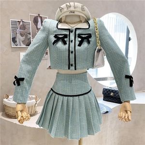 Small Fragrance Tweed Two Piece Dress Women Bow Short Jacket Coat + Skirt Suits Korean Sweet Outfits French Vintage 2022