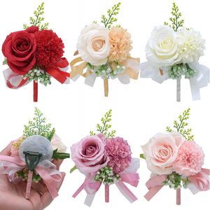 Flower Wrist Corsage Boutonniere Handmade Wristband Red Pink Artificial Peony Rose Corsages Wedding Bridesmaid Party Suit Decor