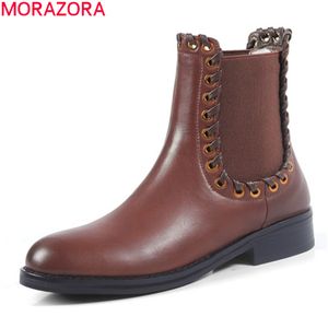 MORAZORA Herbst Winter echtes Leder Stiefel niedrige Ferse runde Zehe einfache Damenschuhe schwarz braun Farbe Stiefeletten Frauen 210506