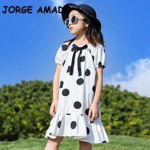 Koreanischer Stil Sommer Teenager Mädchen Kleid Bogen Puffärmel Dot Rüschen Prinzessin Kleider Mode Kleidung E397 210610