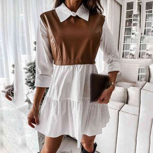 Fashion-Casual Long Sleeve Mini Shirt Dress For Women White Spring PU Leather Patchwork Plaid Woman Dresses Clothing Femme Robe