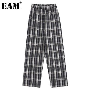 [Eam] Alta cintura elástica preto xadrez preto tamanho calças soltas caber largamente perna calça mulheres moda verão 1d6814 21512