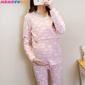 Gravidez de Algodão Mulheres Enfermagem Roupa Conjuntos Lace Maternidade Nightwear Tops Calças Mãe Ternos Premama Pijamas Camisetas 210713