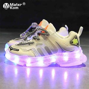 Rozmiar 25-35 Dzieci Ładowanie USB Świecące Casual Buty Chłopcy Oddychająca LED Light Up Sneakers Unisex Luminous Sneakers for Girls 210329