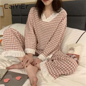 Caiyier koreanska ulzzang rosa plaid print pyjamas set härlig v-neck tjejer nattkläder lös avslappnad långärmad vinter hemlig kostym 210928