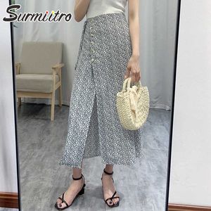 SURMIITRO Summer Midi Long Skirt Women Korean Style Fashion Floral Side Slit High Waist Mid-Length A Line Skirt Female 210712