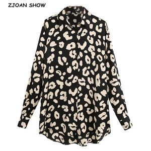 Elegant Lapel Black Beige Leopard Print Mid Long Silk Shirt Retro 2021 Woman Sleeve OL Blouse Satin Tops Blousas Women's Blouses & Shirts