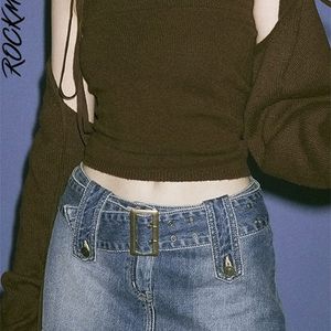 Rockmore Women's Jeans Skirt Belt Mini Denim Korean Low Low WAISTストレート短い夏のHARAJUKUセクシーヴィンテージ220226