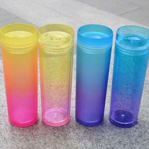 16oz Acrilico Ombre Skinny Tumbler 4 stili BPA free Gradient Double Wall Clear Plastic Water Flask Bicchiere con coperchio Cannuccia Bottiglie per succhi portatili resistenti al calore