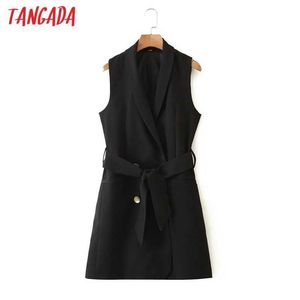 Tangada Frau schwarzer langer Weste-Mantel mit Schrägstrich, Büro-Damenweste, ärmelloser Blazer, zweireihig, elegantes Oberteil 3Z38 210609