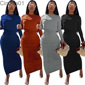 Bayan Kazak Etek Set Tasarımcı Katı Renk Pileli Uzun Kollu Yuvarlak Boyun 2 Adet Yelek Elbise Elbise Sonbahar Ve Kış 4 Renkler