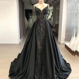 Nowa Długa Czarna Syrenka Prom Dresses Glitter Abendkleider Saudi Arabski Plus Size Dresses Sukienki ze zdejmowaną spódnicą