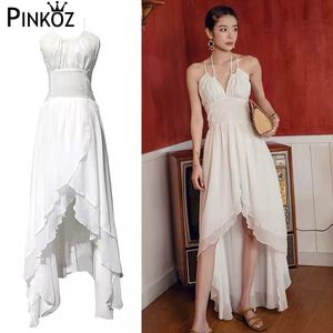 V-Neck Sexig Long Boho Max Klänning Vit Party Middag Ruffled Ärmlös Backless Maxi Beach Sommarbandage Lace Up 210421