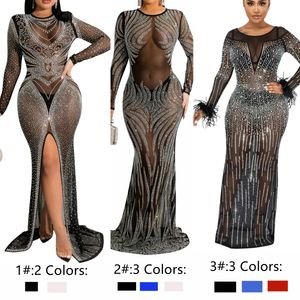 2022 Frauen Maxi Ballkleider Langarm, figurbetontes Partykleid Sparky Sheer Mesh Stretch Club Night Long Vestidos Schwarz Blau Rot Weiß