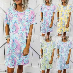 Frauen Kurzarm Rundhals Tie Dye Drucken Kausal Lose Mini Kleid Für Party Cocktail Club Weibliche Taschen Kleider 210517