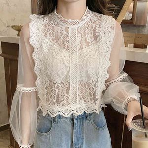 Blouses Femmeの長袖ブラウスの女性Blusas Mujer de Moda Veranoセクシーな中空アウトレースブラウスシャツトップス女性Blusas E692 210426