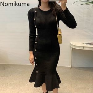 Nomikuma Elegant Black Bodycon Dress O Neck Long Sleeve Slim Fit Chic Knitted Vestidos Femme Side Buttons Trumpet Dresses 210514