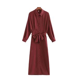 Eleganta kvinnor solida bruna klänningar mode damer båge sashes klänning vintage kvinnlig chic vända ner krage knapp vestidos 210427