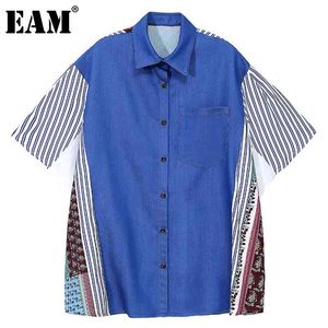 [EAM] Women Blue Big Size Striped Spliced Denim Blouse Lapel Short Sleeve Loose Fit Shirt Fashion Spring Summer 1DD6986 21512