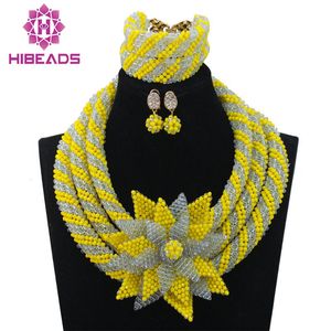Earrings Necklace Yellow African Beads Set Lilac Nigerian Inspired Jewelry Big Kniited Flower Brooch Pendant Free Ship QW644