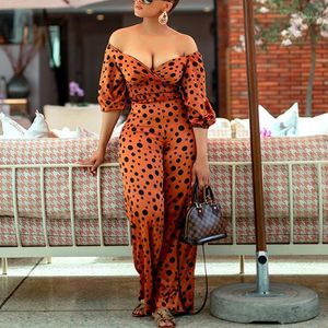 Jumpsuits das Mulheres Macacão Elegant Women Orange Jumpsuit Romper 2021 Senhoras profundas V Pescoço de manga curta bolinhas