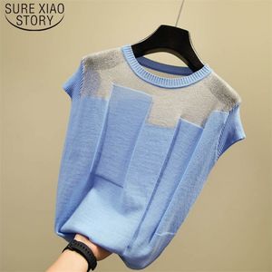 Fashion Thin Blouse Korean Patchwork Ice Silk Knitted Tops Summer Short Sleeve Women Shirt Blusas Mujer De Moda 8796 50 210510