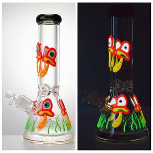 Glow In The Dark Narghilè Staight Tube Beaker Bong Mushroom Style Glass Water Pipes 18mm Joint Thick Oil Dab Rigs With Diffused Downstem