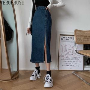 Werueruyu Sexy Denim Kjolar Kvinnor Mode Split Mid Kalv Längd Kjolar Ficka Blå Ladies Hög midja Midi Skirt 210608