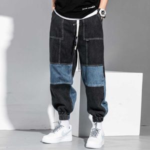 Jeans Mäns Hip Hop Color Matching Cargo Byxor Lossa Tappade Harembyxor Fall Mäns Patchwork Black Jeans Oversized Denim Jeans X0621