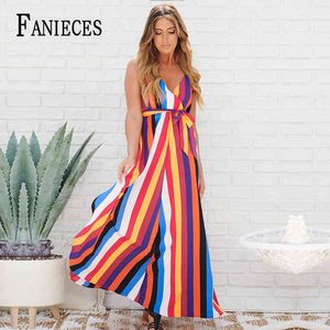 Fanieces Verão Sexy Club Mulheres Floral Longo Maxi Vestido Manga Casual A-Linha Elegante Arco-Íris Listrado Praia Vestidos 210520