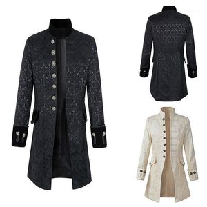 Men's Jackets Men Black Gothic Steampunk Jacket Coat Victorian Edwardian Costume Long Military Uniform Dress Suits Roll-Up Sleeves