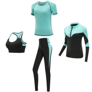 Mulheres secas Rápidas Sportswear 4 Pcs Set Fitness Ginásio Yoga Vestuário Terno Conjuntos Casaco + Bra + T Shirt + Leggings Treino Correndo Treinamento 210802