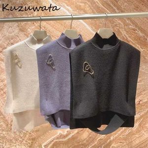 Kuzuwata Autumn Sweater Japanese Solid Turtleneck Side Slit Sleeveless Brooch Knitted Pullover Fashion Sweet Jumper 211215
