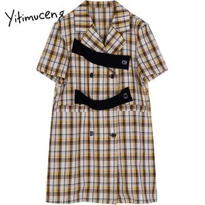 Kadınlar Için Yitimuceng Ekose Düğme Elbise A-Line Bahar Kruvaze Kısa Kollu Gevşek Bel Moda Giysileri Tiki Tarzı 210601