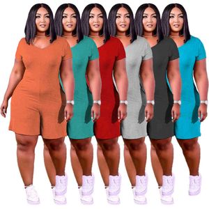 Frauen Jumpsuits Sommer Damen Mode Einfarbig V-ausschnitt Tasche Overall Casual Ein Stück Spielanzug-bodysuit Plus Größe Frauen Kleidung 860