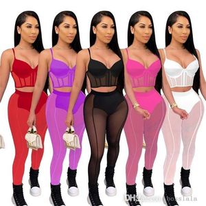 Summer Sheer Yoga Pants Women Designer Two Piece Set Sexy Mesh Stitching Crop Top Perspective Screen Leggings Outfits