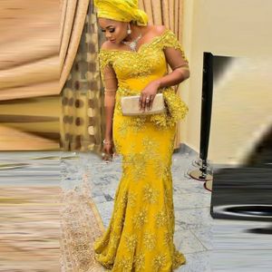 Gold Mermaid Evening Dresses Plus Size Lace Prom Gowns For Women Aso Ebi Formal Party Dress With Illusion Sleeves