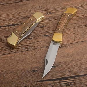 New Pocket Folding Knife 440C Satin Blade Wood + Brass Handle Outdoor Camping Hiking Survival Tactical Knives With Leather Sheath