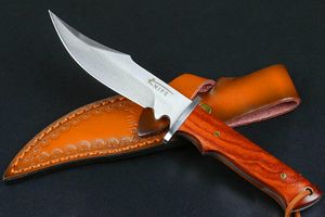 Neues Angebot Gerades Überlebensmesser 440C Satin Drop Bowie-Klinge Full Tang Hartholzgriff Outdoor-Jagdmesser mit feststehender Klinge und Lederscheide